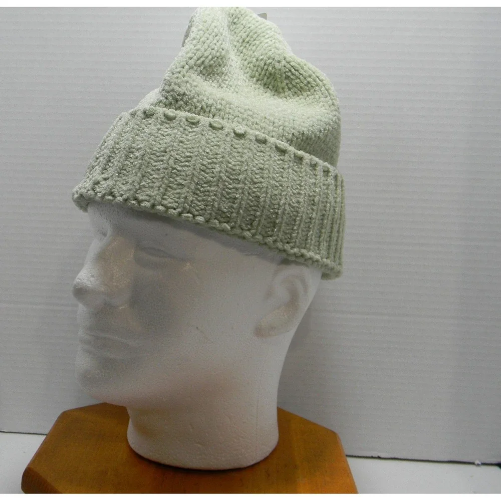 Womens Sage Green Chenille Knit Beanie Cuffed Winter Hat One Size Soft Cozy